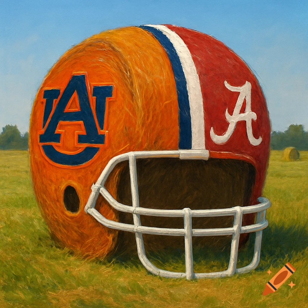 A giant hay bale football helmet, split orange with Auburn 'AU' and red with Alabama 'A' logos, sits in a sunny grassy field.