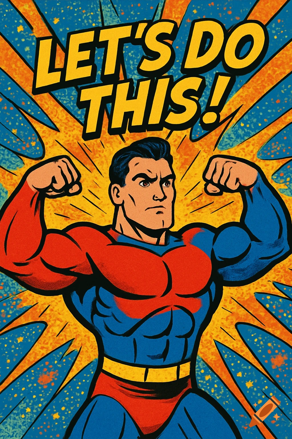 A comic book style superhero in red and blue flexing, against a yellow and blue burst background. The text "LET'S DO THIS!" is above him.