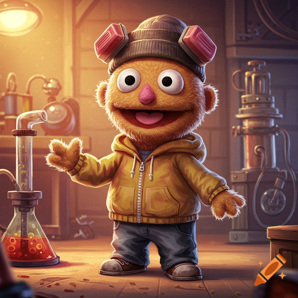 A fuzzy orange muppet character with big eyes, a yellow hoodie, and a knit cap with earmuffs stands in a dimly lit laboratory, next to beakers.