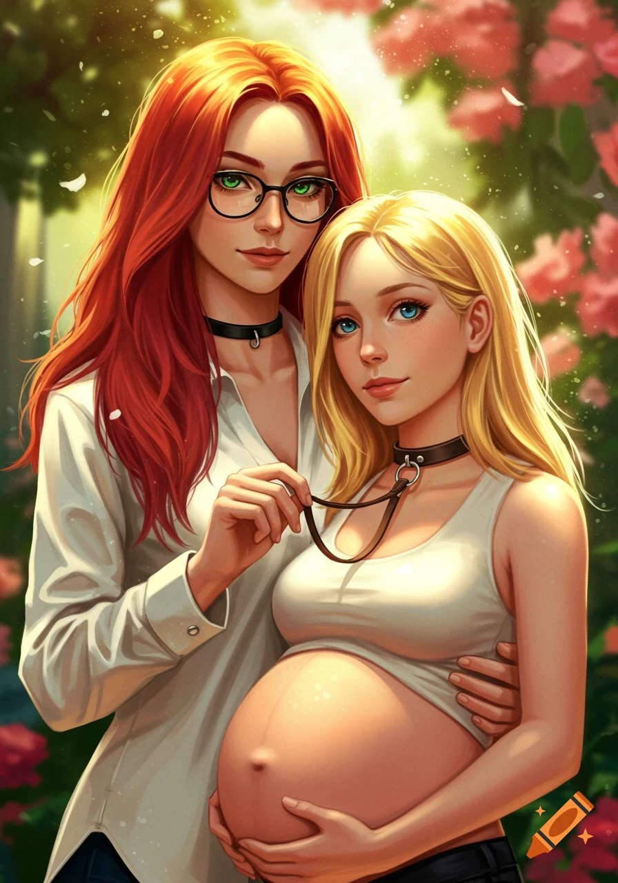 A red-haired woman with glasses holds a leash connected to her pregnant blonde girlfriend's choker in a vibrant digital art style, surrounded by flowers.