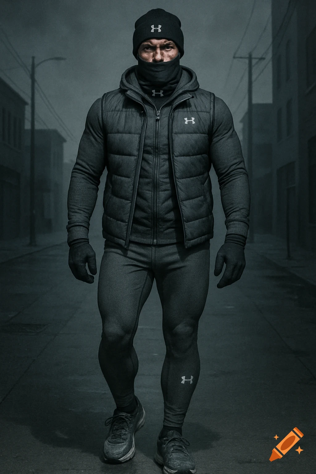 Muscular man in black Under Armour beanie, balaclava, quilted vest, and compression gear, walking on a dark urban street.
