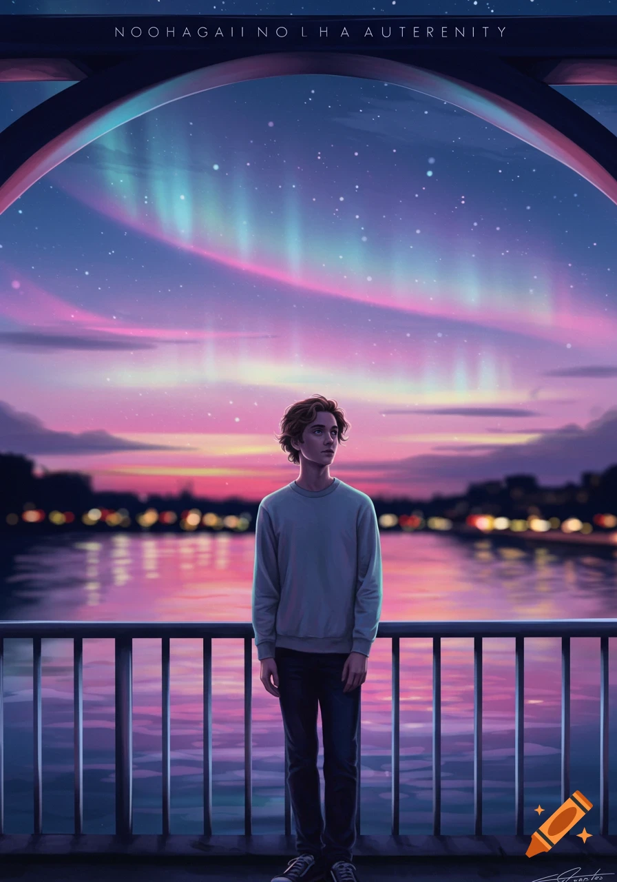 A stylized digital artwork of a person with brown curly hair standing on a bridge, looking out at a city skyline reflected in water under a vibrant pink and blue aurora sky.