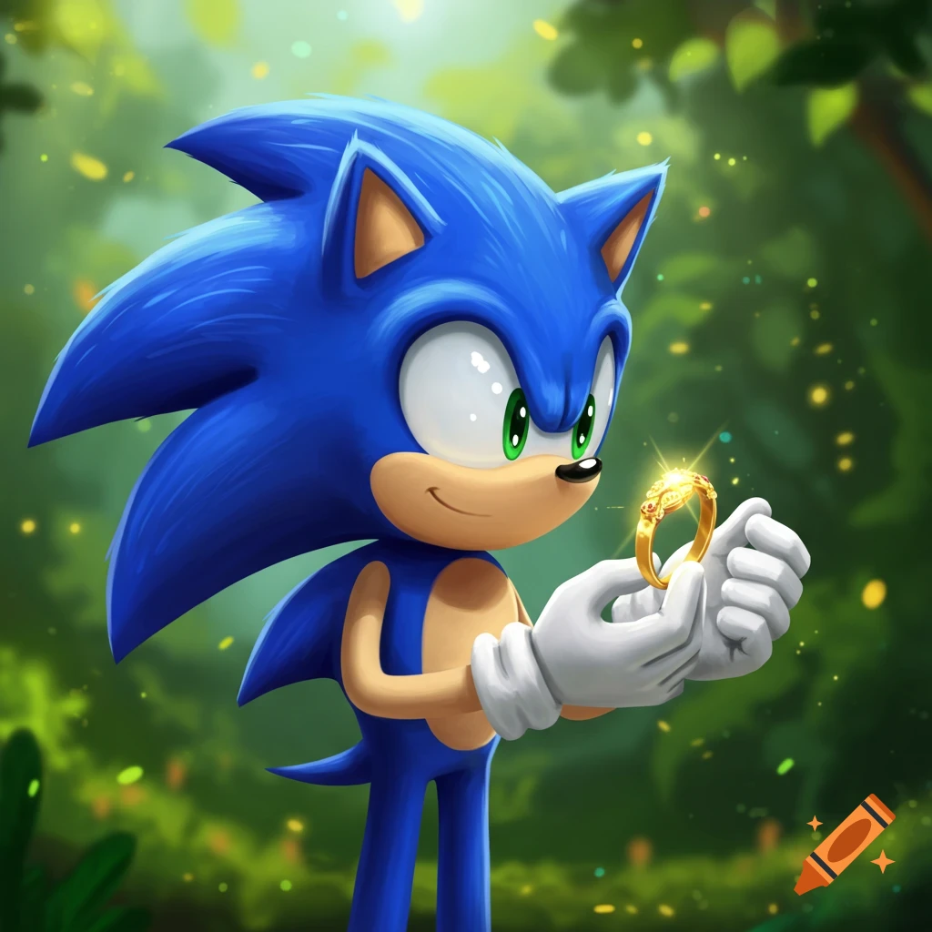 Sonic the Hedgehog stands in a lush forest, holding a glowing gold ring.
