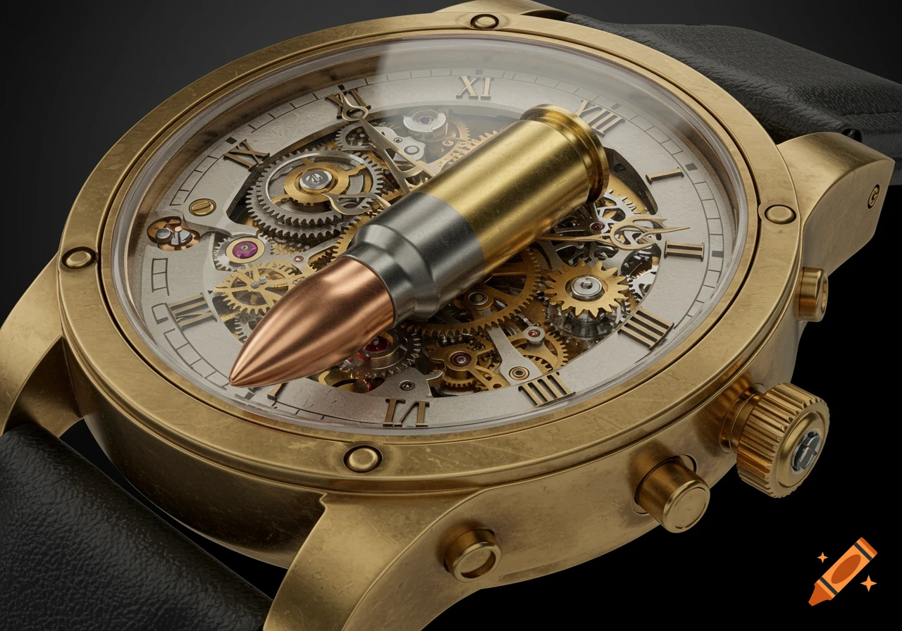 A detailed, photorealistic close-up of a gold mechanical wristwatch with a bullet resting on its exposed gears and Roman numeral markings.