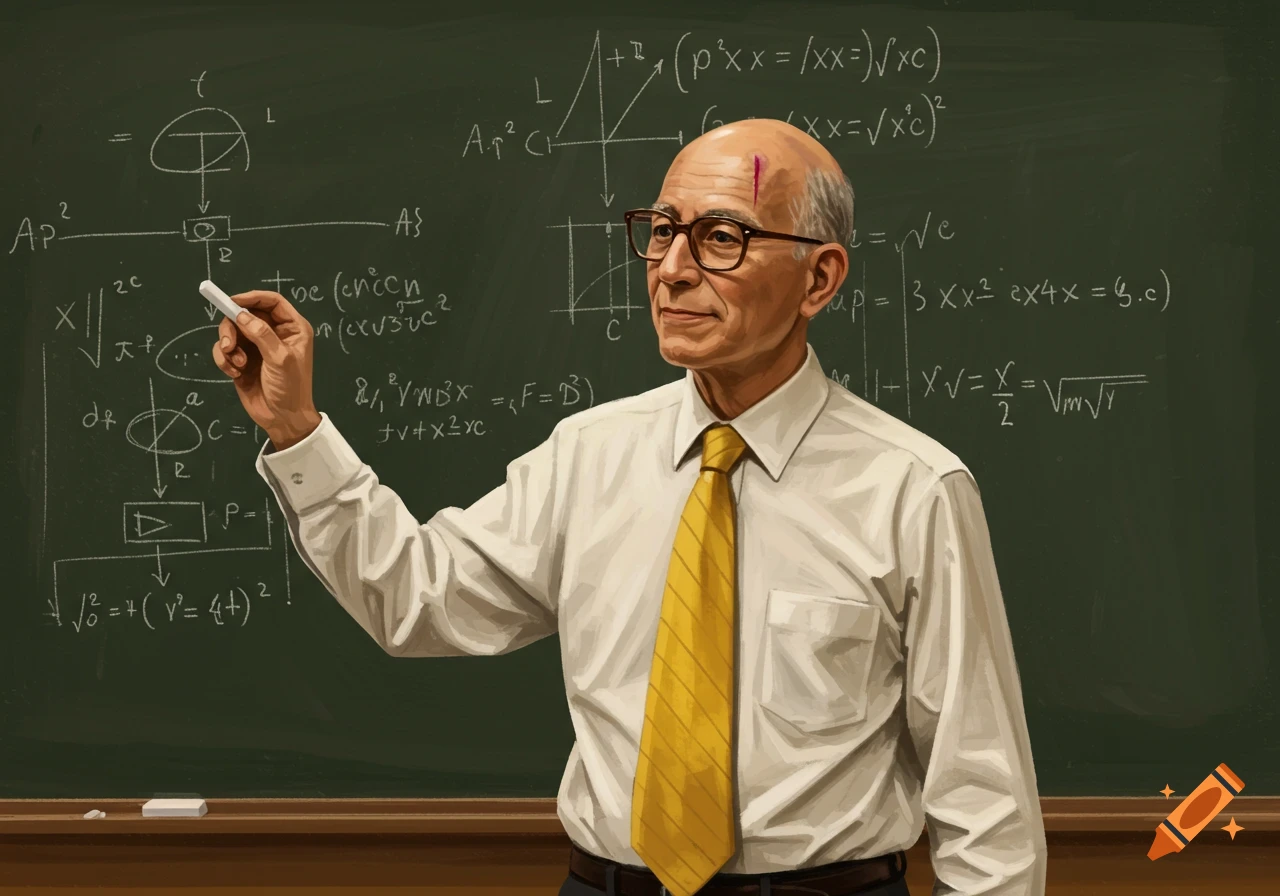 A bald teacher in eyeglasses, white shirt, and yellow tie writes on a green blackboard filled with equations. Illustration style.