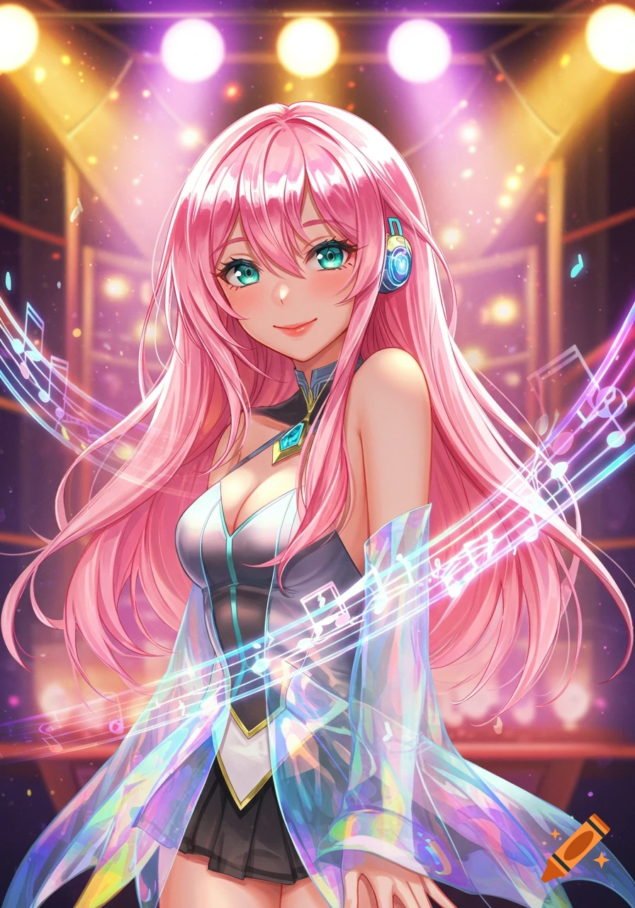 Anime girl with long pink hair and teal eyes, wearing headphones and a futuristic outfit, on a stage with glowing musical notes.