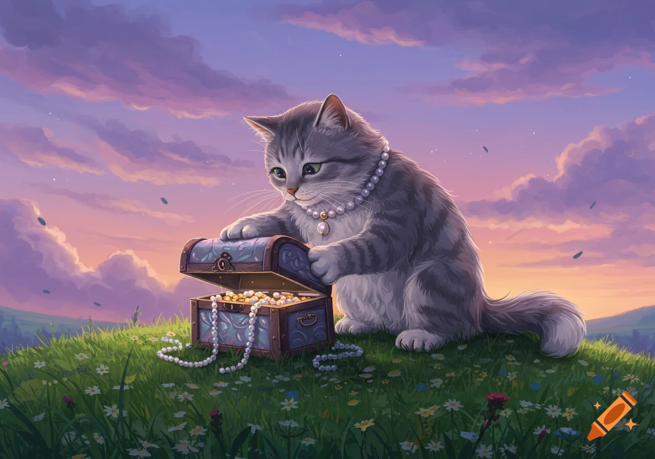 A fluffy grey cat wearing a pearl necklace opens an ornate treasure chest filled with gold and pearls, on a grassy hill under a sunset sky.