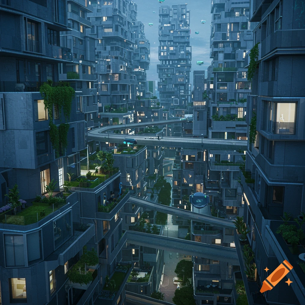 A photorealistic, futuristic residential cityscape at dusk with modular buildings, elevated train tracks, and distant flying vehicles.