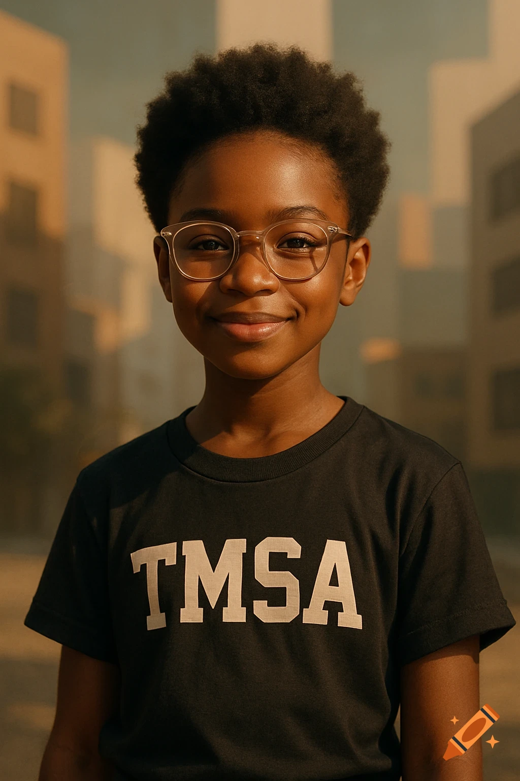 A smiling young boy with an afro and glasses wears a black TMSA shirt, against a blurred urban background.