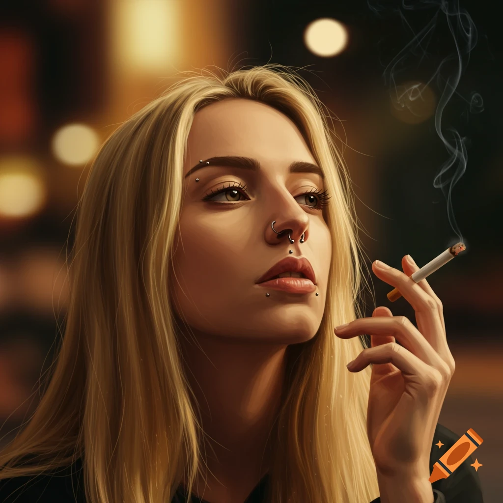 A photorealistic portrait of a blonde woman with long hair and facial piercings, holding a lit cigarette with smoke rising.