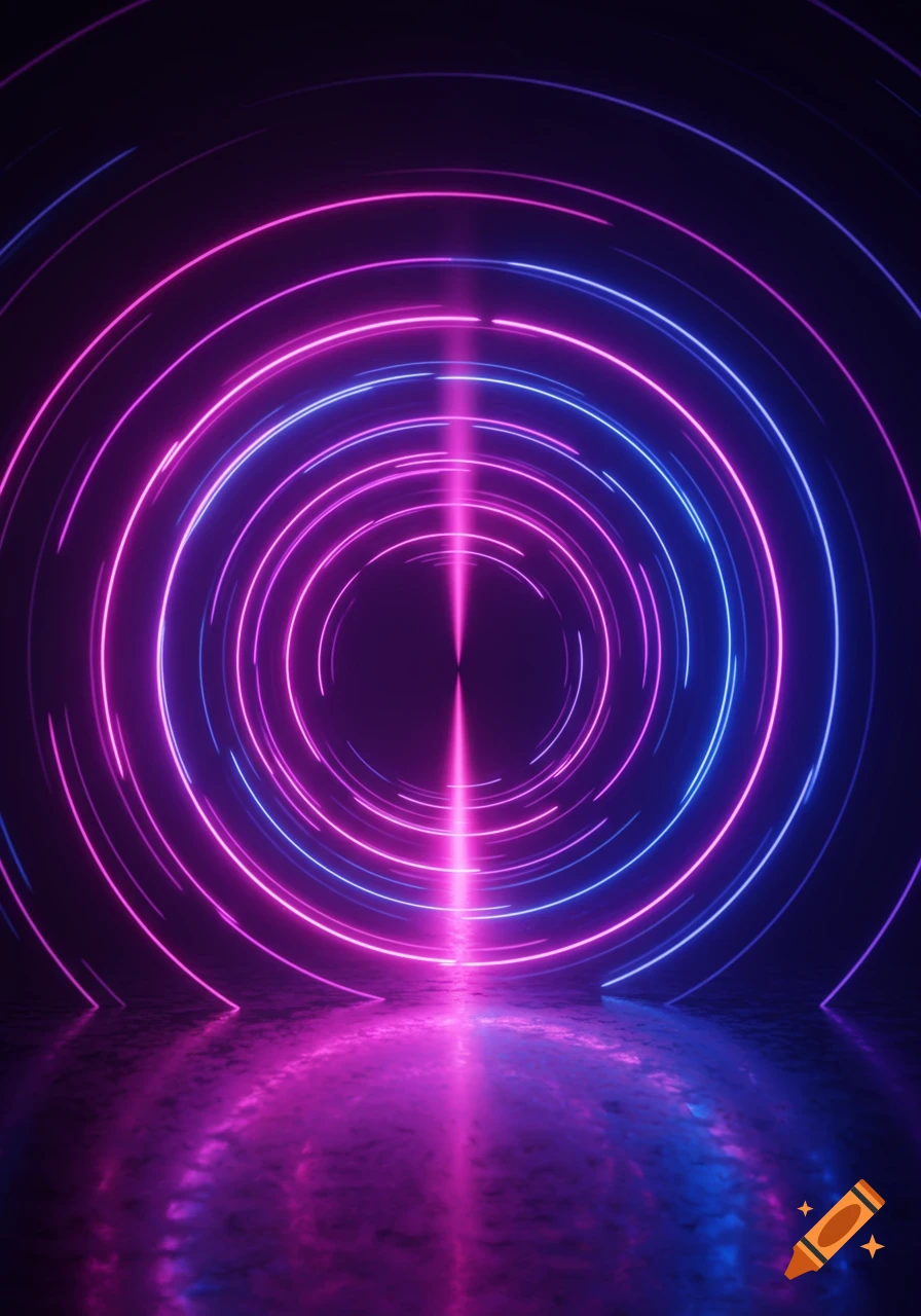 Abstract art of glowing pink and blue concentric neon light circles reflecting on a dark, wet surface.