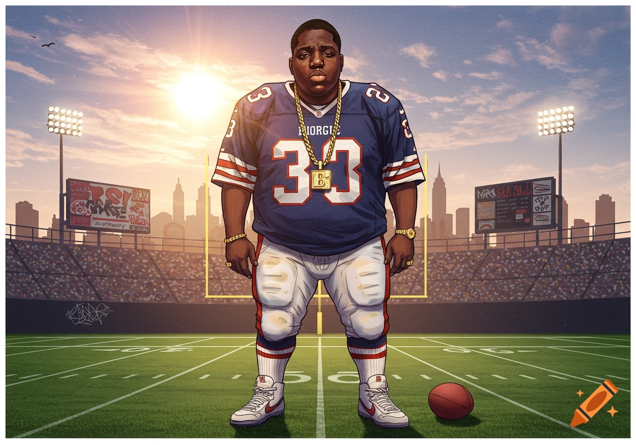 An illustration of Notorious B.I.G. in a blue and red football uniform with number 33, standing on a football field with a city skyline at sunset.