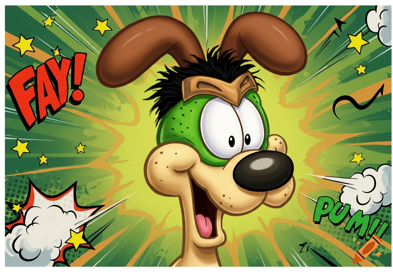 Cartoon dog with a green face and gold mask in a comic style, with 'FAY!' and 'PUM!!' sound effects.