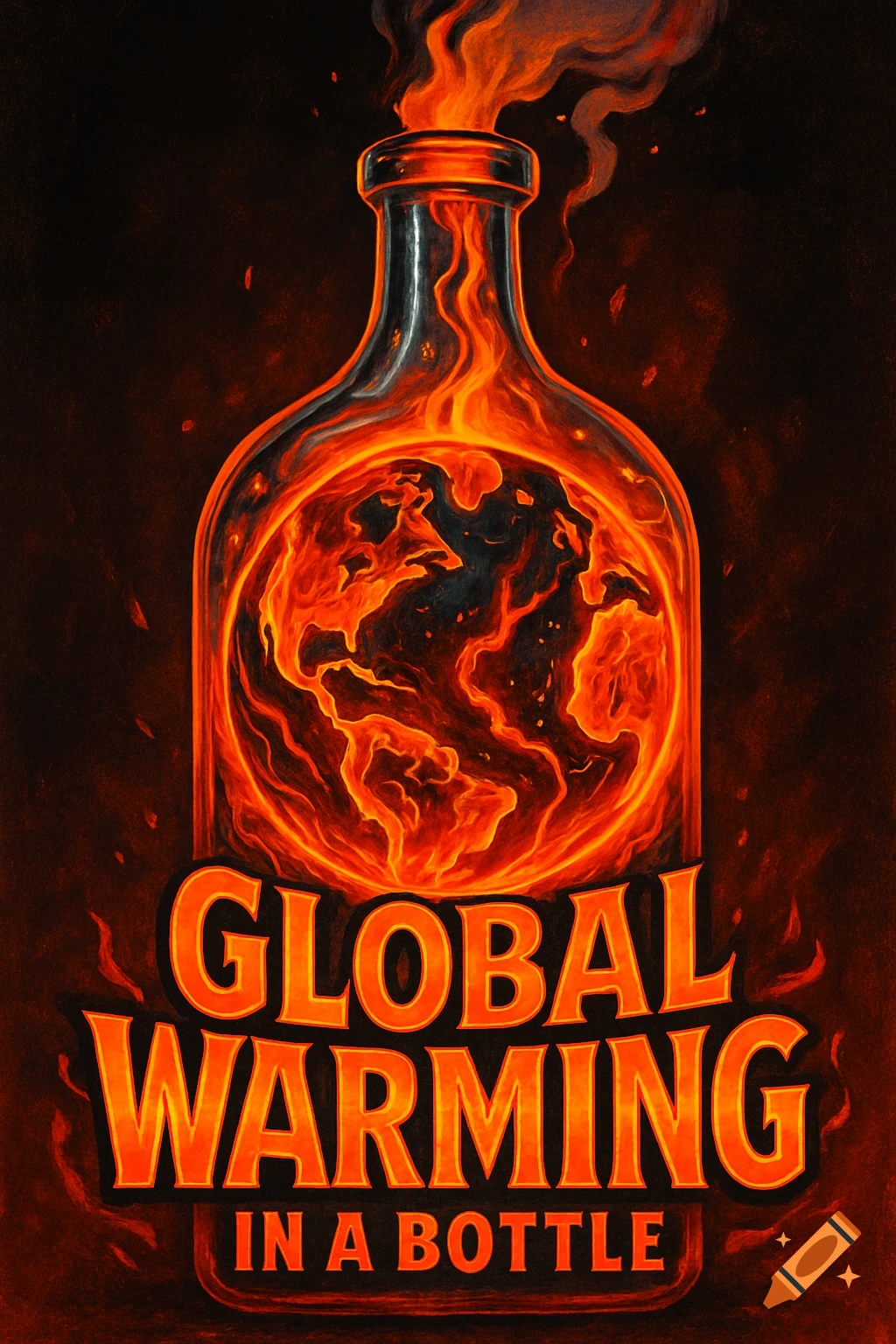 Illustration of a glass bottle containing a fiery Earth, with flames and smoke escaping, and text 'GLOBAL WARMING IN A BOTTLE'.