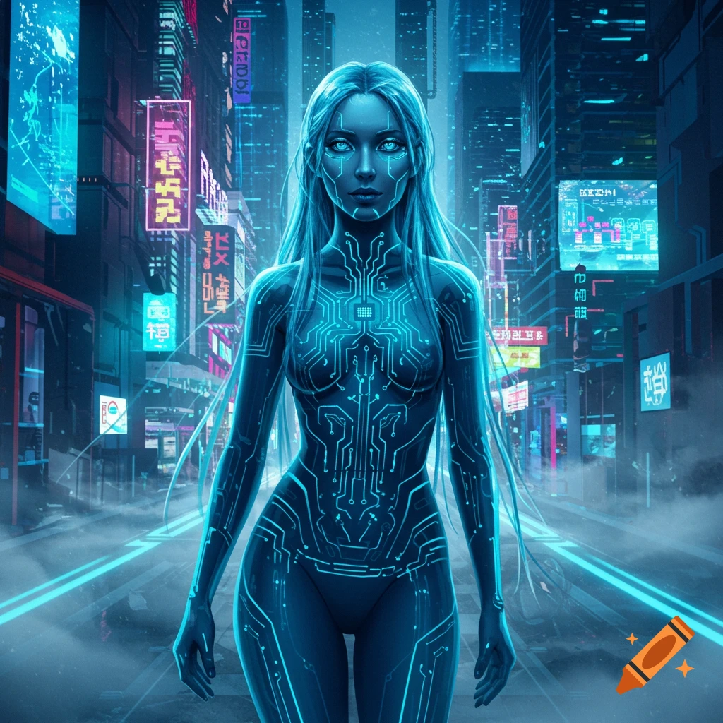 A glowing blue circuit-patterned woman with long blue hair and eyes stands in a futuristic, neon-lit cyberpunk city street, facing forward.