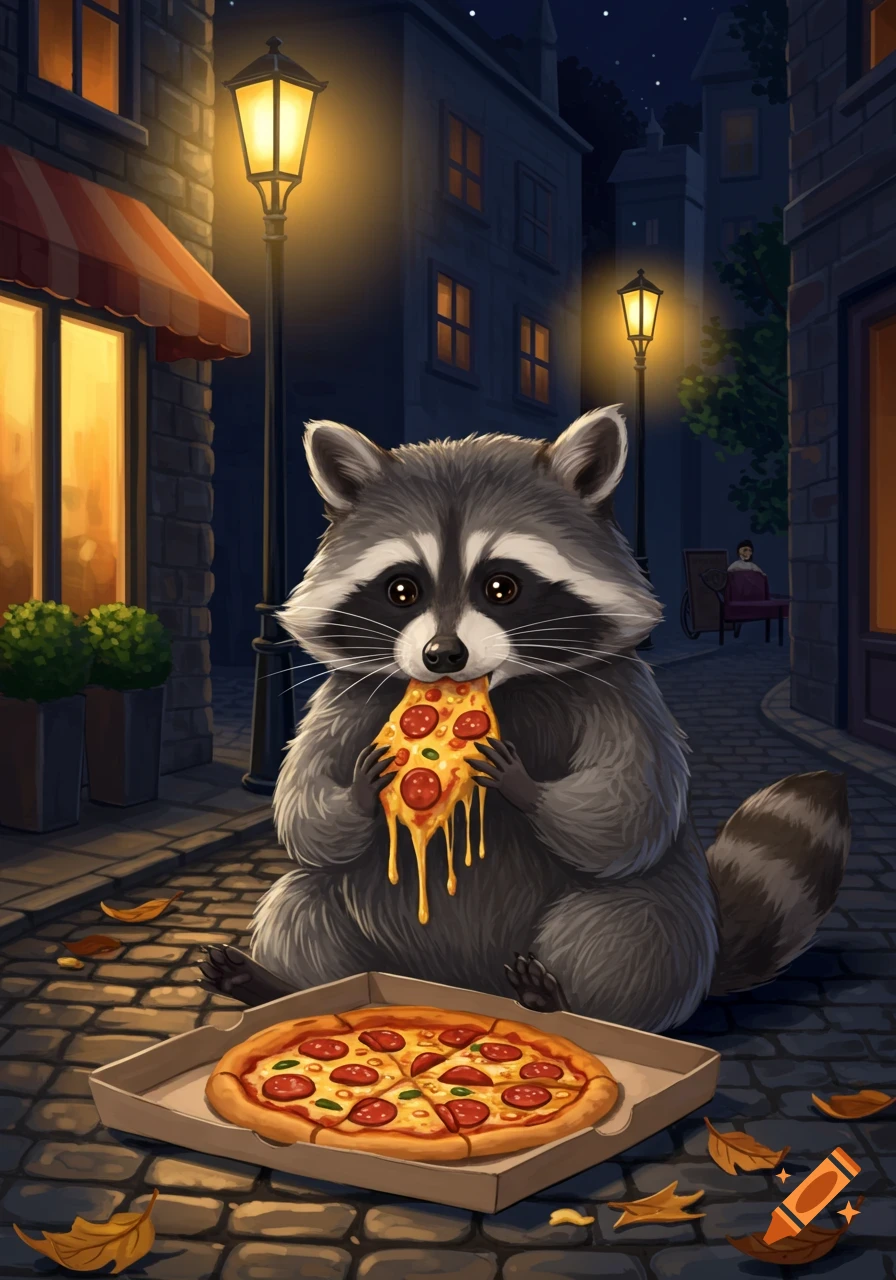 A cute cartoon raccoon sits on a cobblestone street at night, happily eating a cheesy slice of pepperoni pizza. An open pizza box with a whole pizza rests beside it.