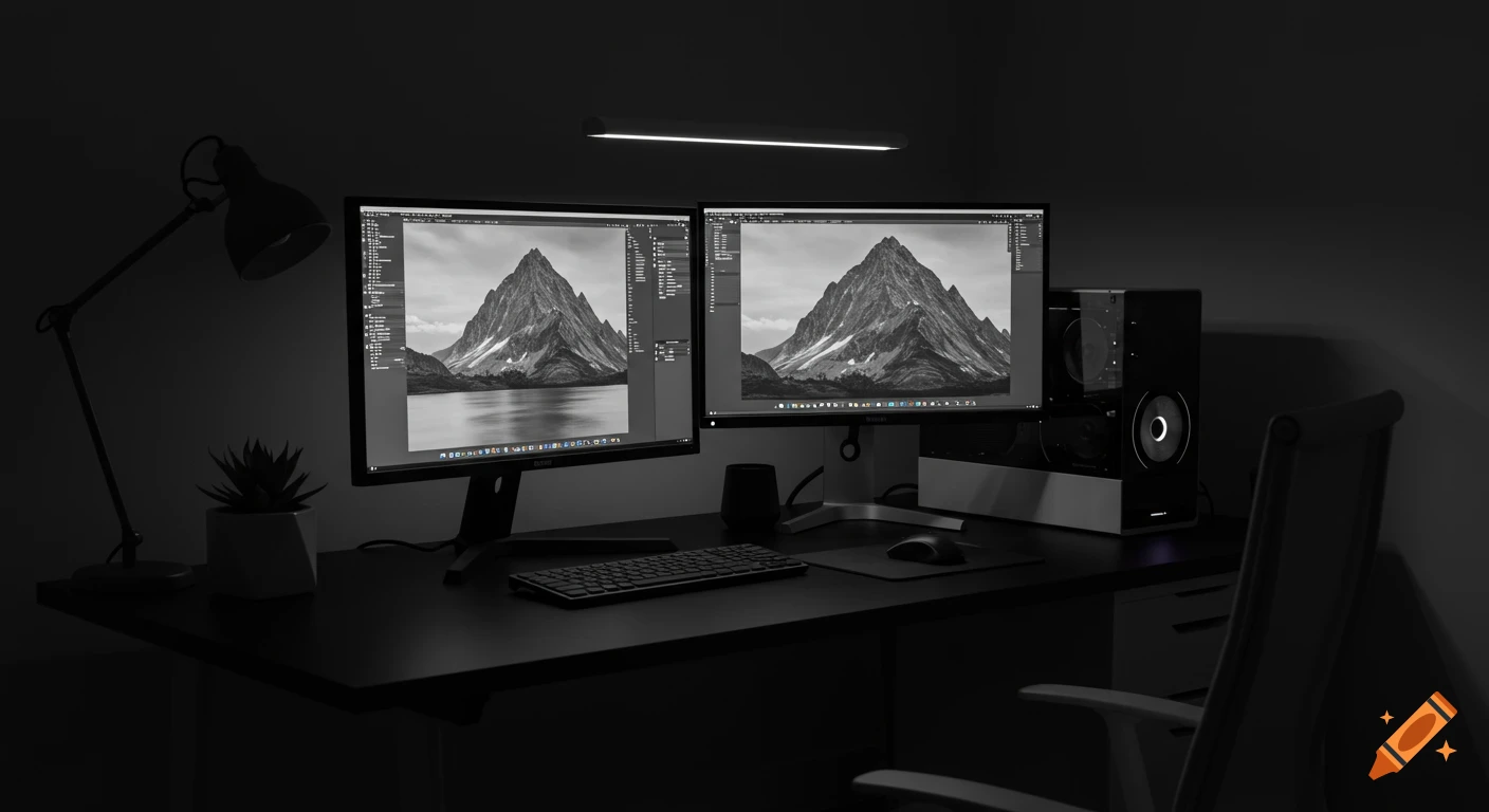 A dark, minimalist workspace with dual monitors displaying mountain landscapes, a keyboard, mouse, and desk lamp on a black desk.