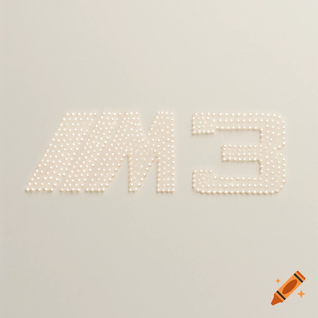 Close-up of the letters "M3" formed by small, light-colored dots or pearls on a plain, light beige background.