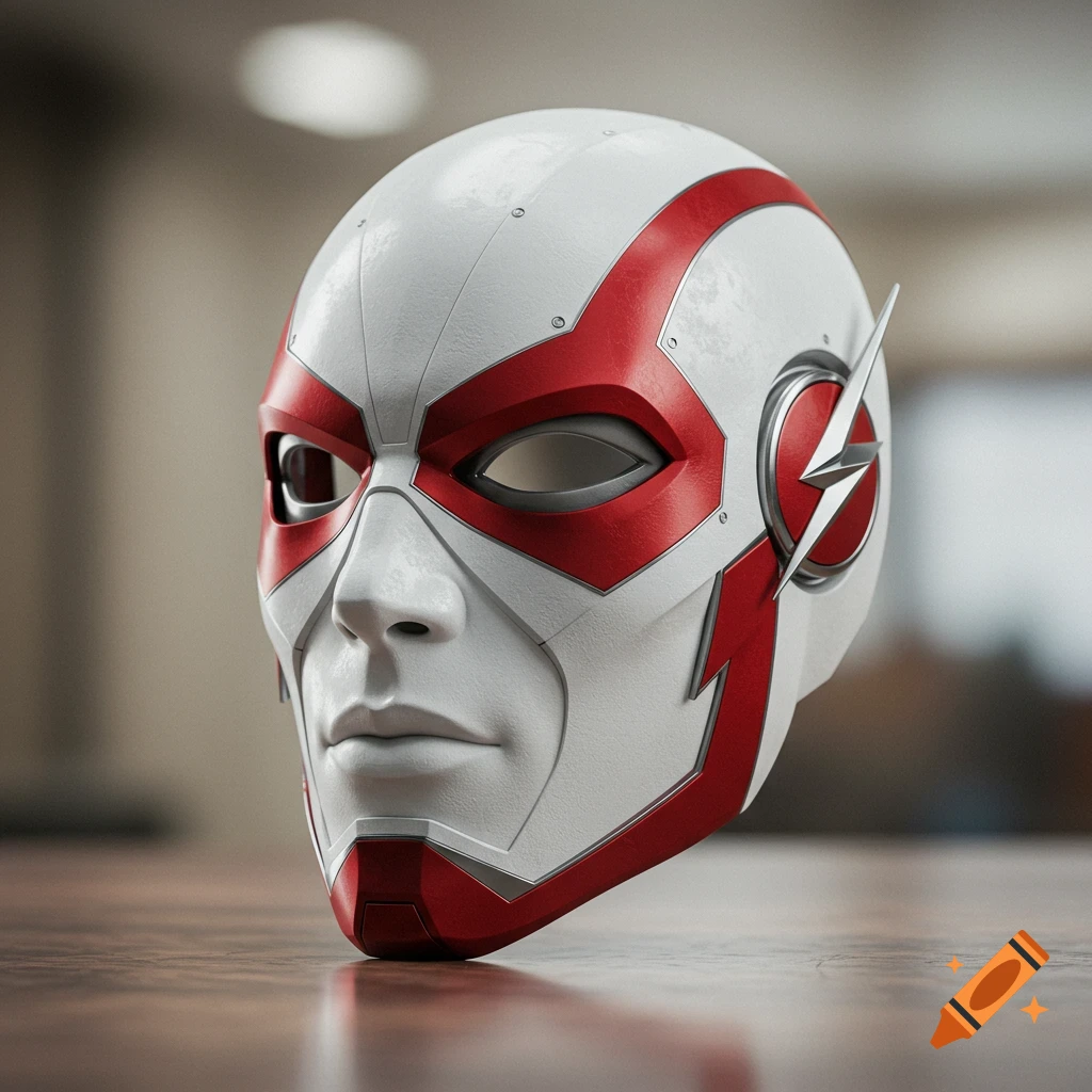 A white and red superhero mask with silver accents and a lightning bolt logo, sitting on a wooden surface.