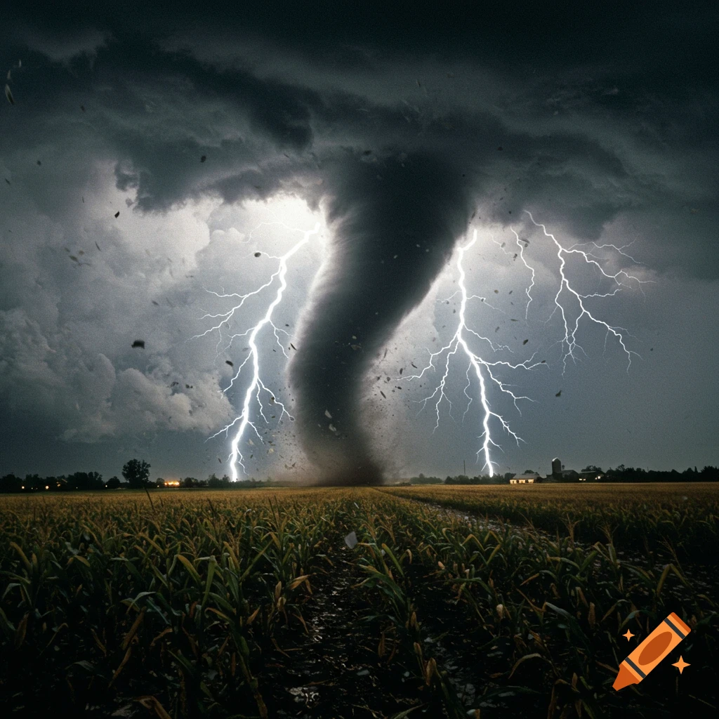 A powerful tornado rages over a cornfield under a dark, stormy sky, with multiple lightning strikes illuminating the scene.