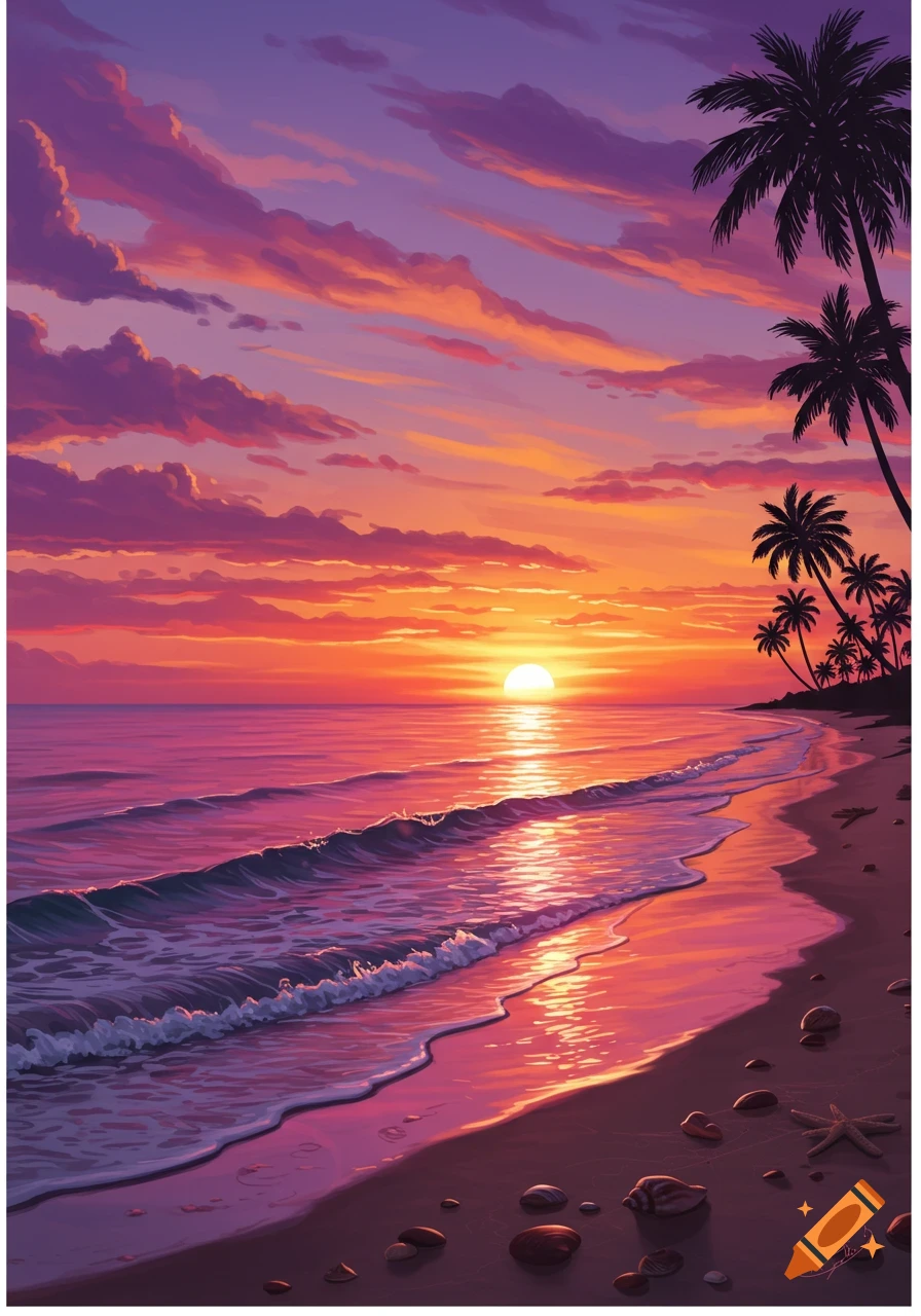 Vibrant illustration of a beach at sunset with purple and orange skies, palm trees, and ocean waves.