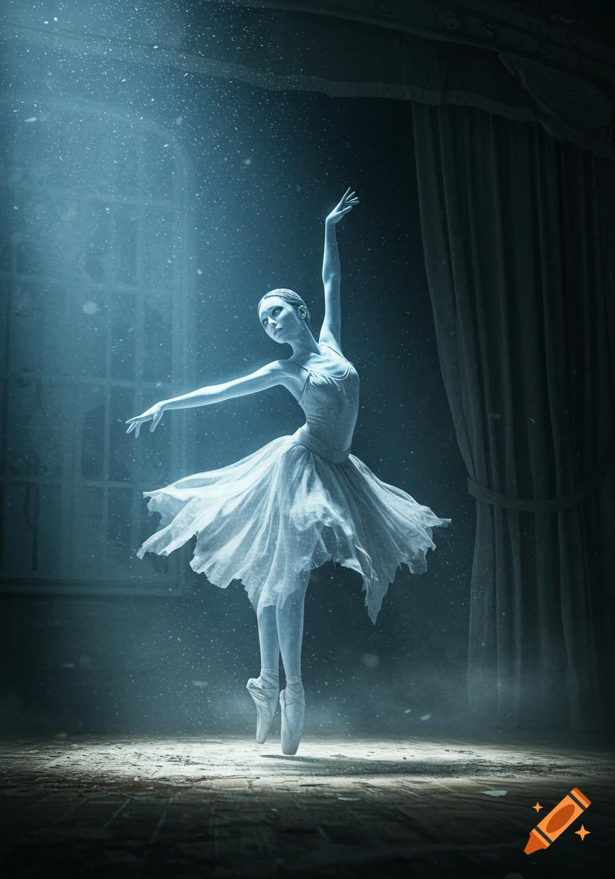 An ethereal ghost ballerina gracefully dancing on a dusty stage under a spotlight.