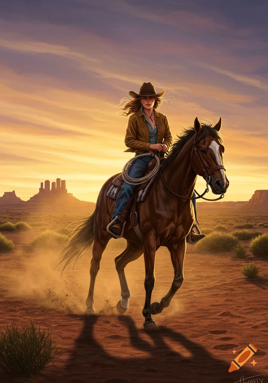 An illustrated cowgirl rides a horse through a dusty desert landscape at sunset.