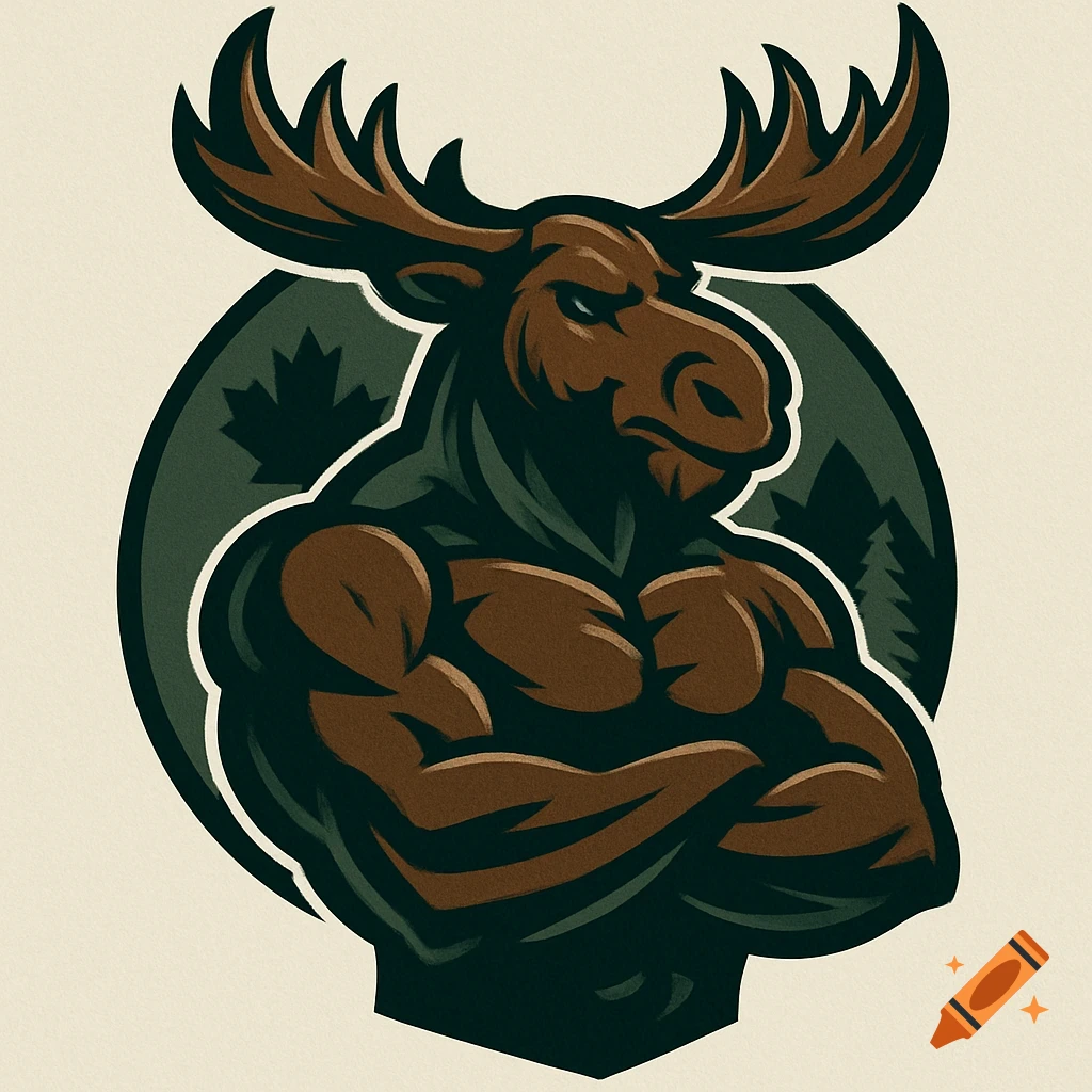A strong, muscular moose logo with folded arms, set against a dark green circle with a Canadian maple leaf and pine trees.