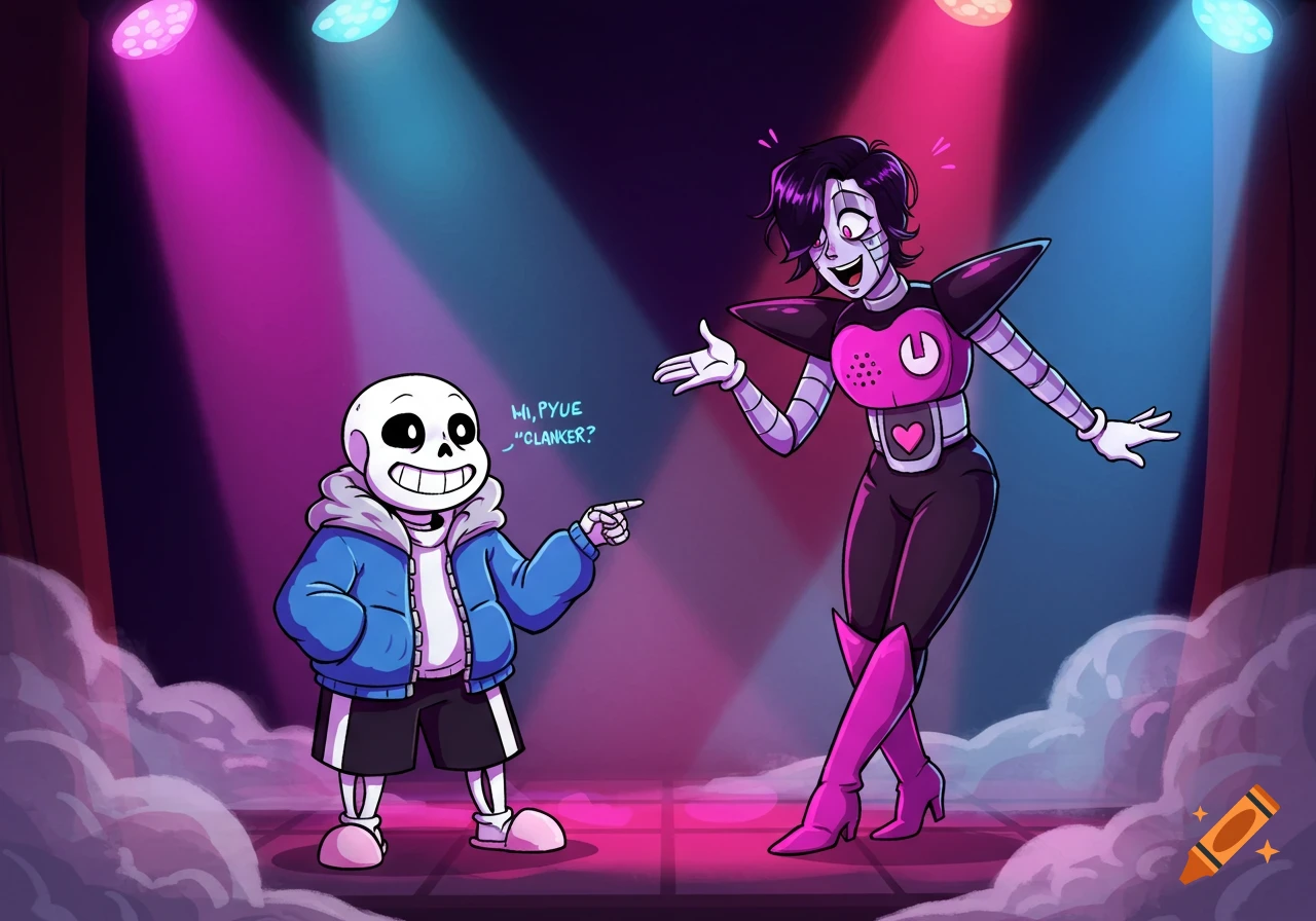 Cartoon Sans and Mettaton from Undertale on a stage with colorful spotlights and smoke.
