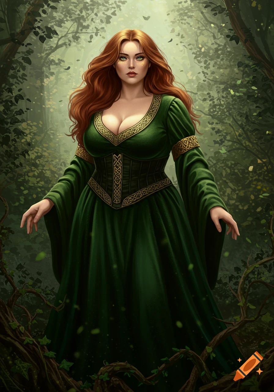 A red-haired woman in a deep green gown with gold and black accents stands in a mystical forest.