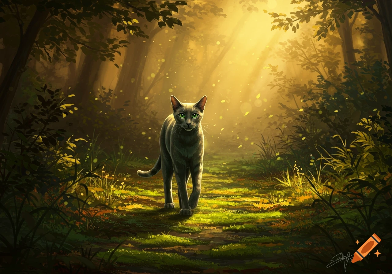 A grey cat with glowing green eyes walks on a path through a sunlit forest, bathed in golden light with floating particles, digital painting.