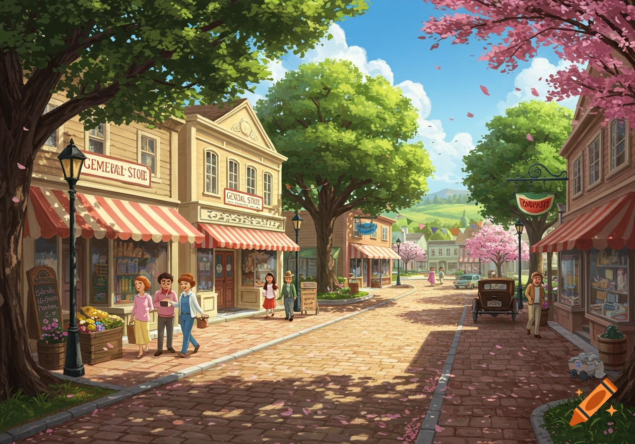 A vibrant cartoon illustration of a charming town street with people walking past shops under cherry blossoms and green trees.