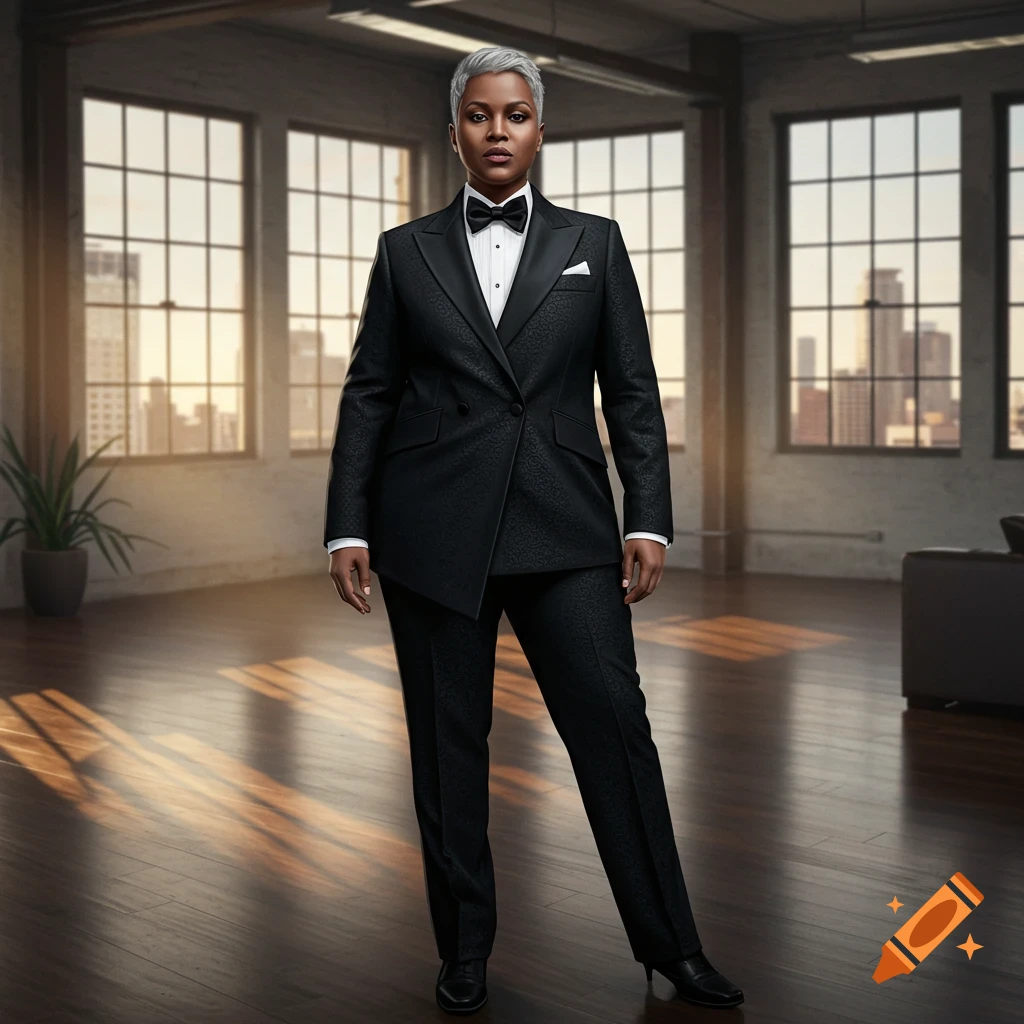 Photorealistic portrait of a plus-size model with short gray hair in an asymmetrical black tuxedo jacket and bow tie, standing in a loft with a city view.