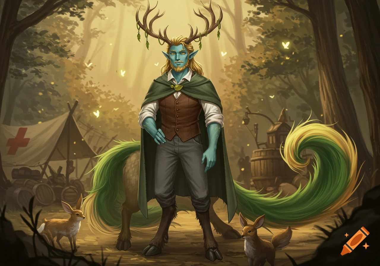Digital painting of a blue-skinned, antlered male wearing a green cloak, standing in an enchanted forest with fawns and a medical tent.