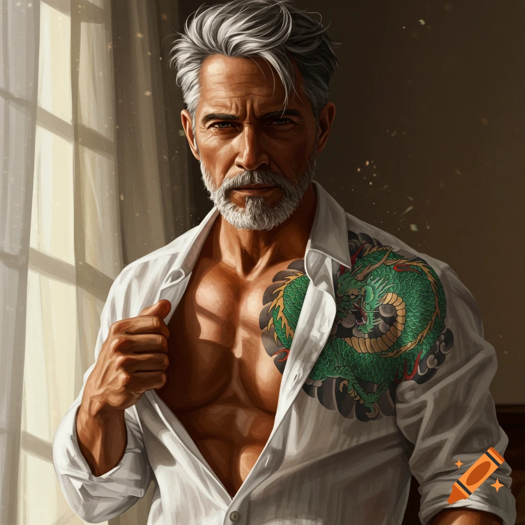 Digital art portrait of a handsome older man with gray hair and beard, opening his white shirt to show a muscular chest and green dragon tattoo.