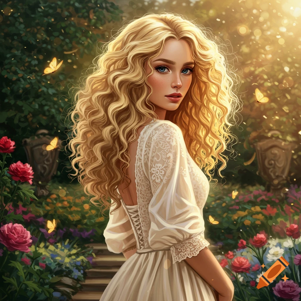 A beautiful blonde woman with long curly hair, wearing a white dress, looks over her shoulder in a sunlit garden with roses and butterflies, digital art.