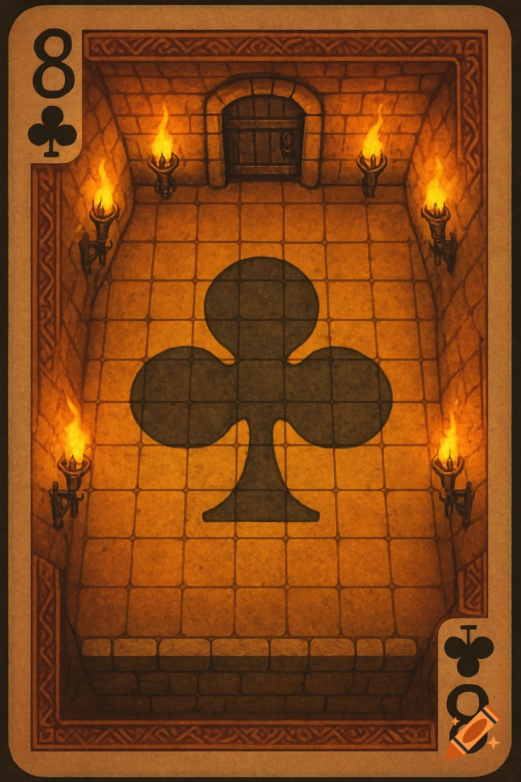 A stylized 8 of Clubs playing card showing a top-down 2D dungeon room with a grid floor, torches, and a door.