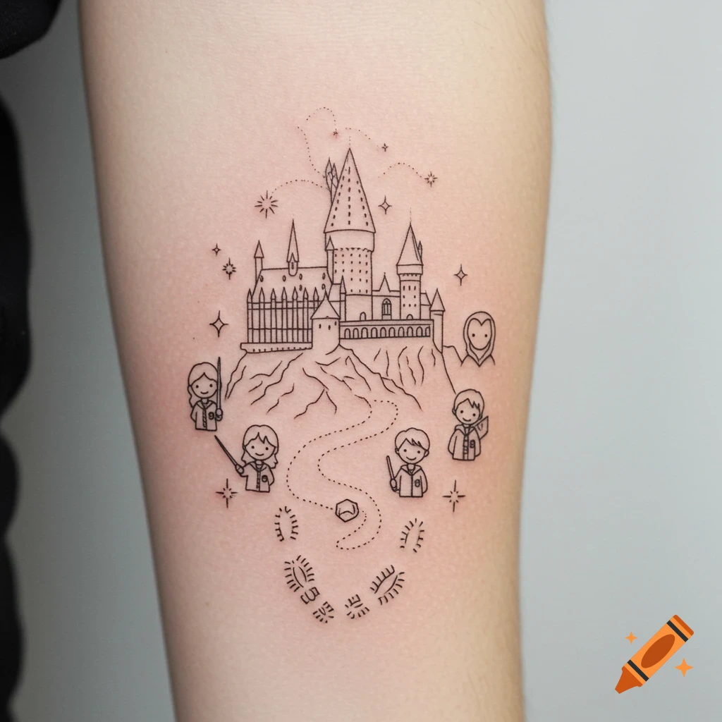 Fine line tattoo on skin featuring Hogwarts castle, a dotted path, cartoon characters, and stylized footprints with stars.