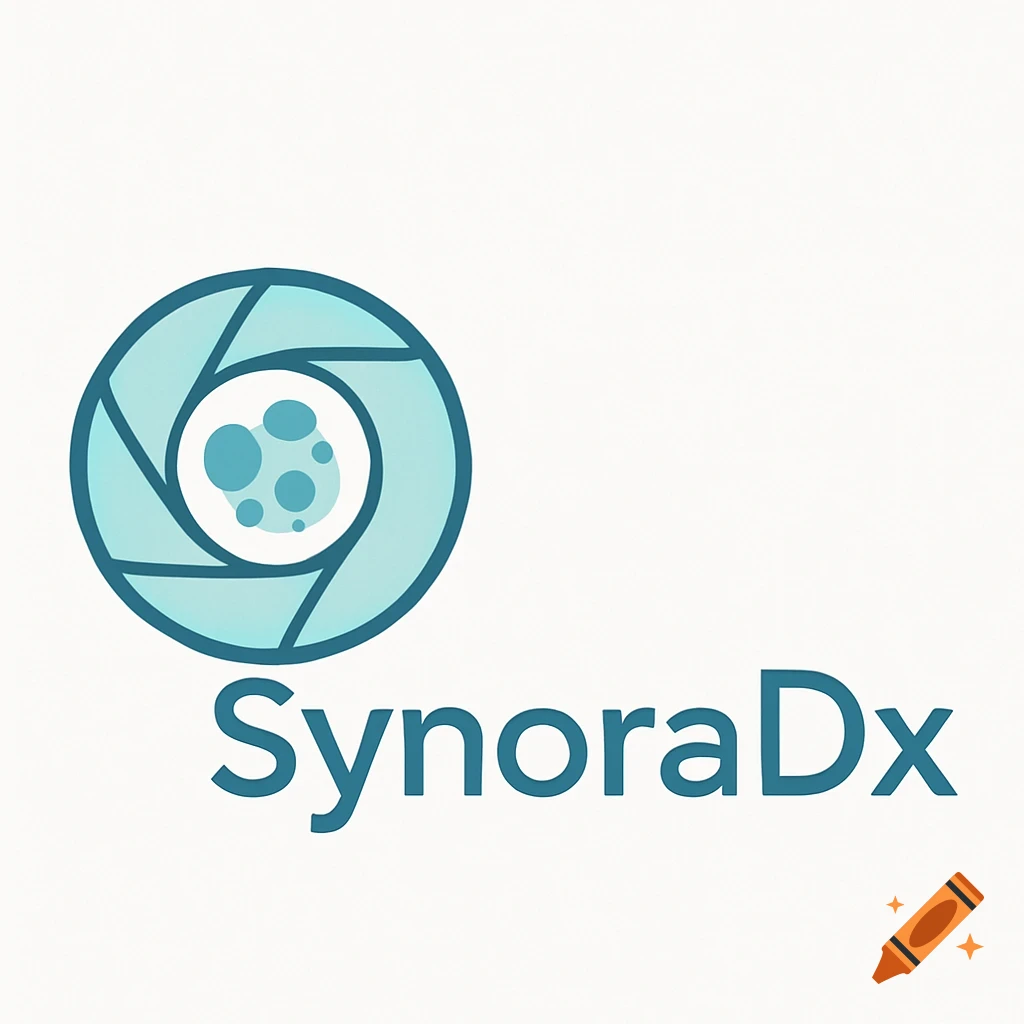 Teal and light blue logo with a camera aperture containing cell shapes, above 'SynoraDx'.