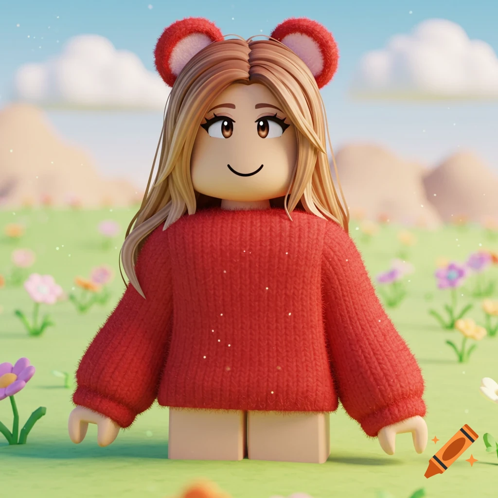 A cute 3D rendered Roblox-style girl in a red knitted sweater and fuzzy bear ears, smiling in a field of colorful flowers.