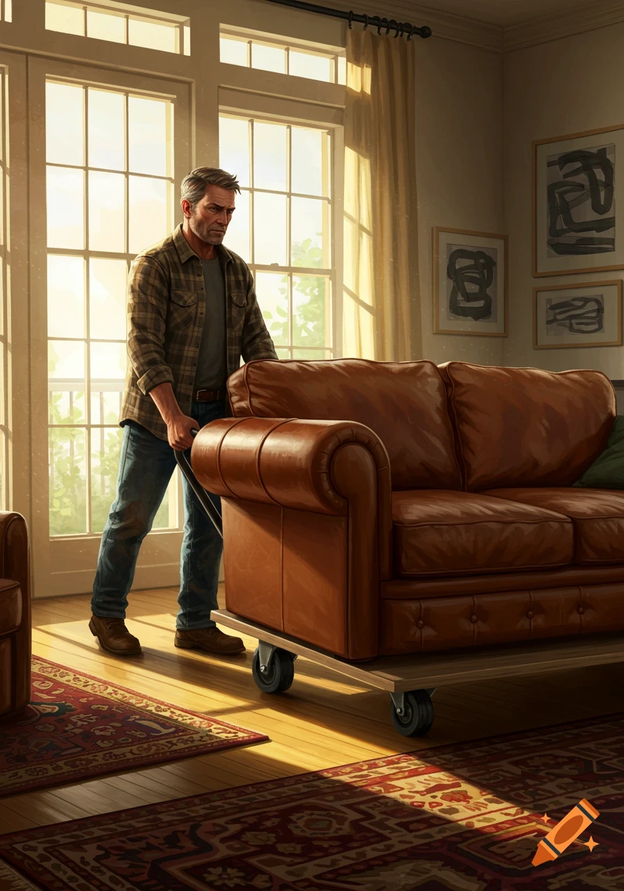 A man pushes a brown leather couch on dollies across a sunny wooden floor in a living room.
