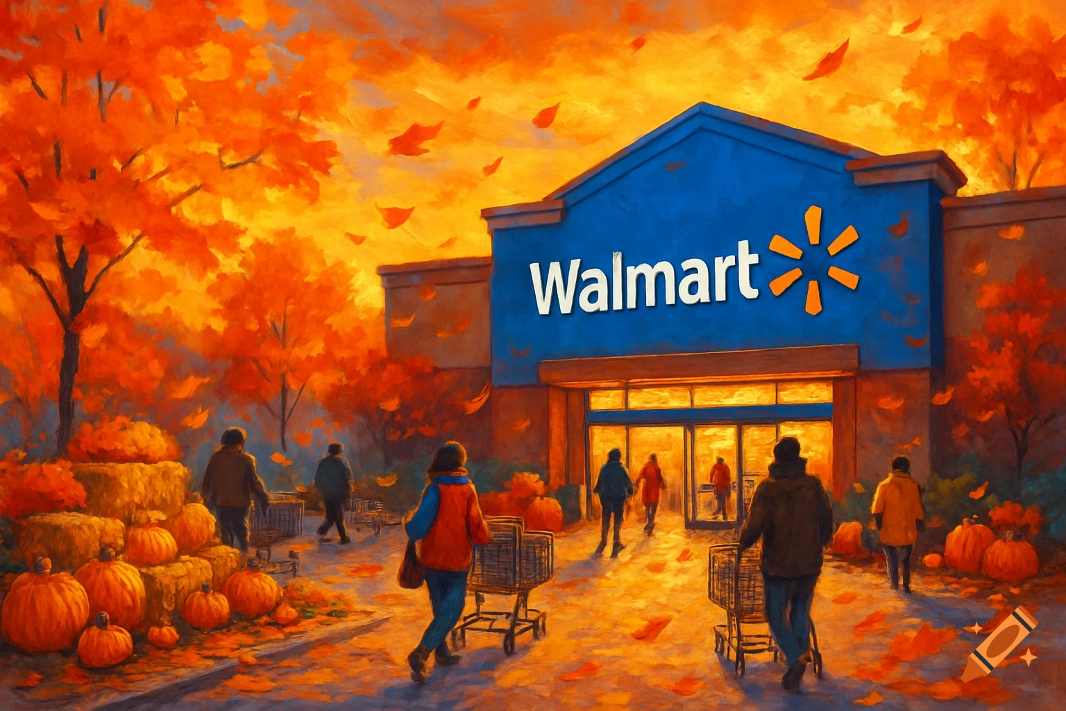 An oil painting of a Walmart store entrance in autumn, with people and shopping carts, surrounded by orange trees, pumpkins, and falling leaves.