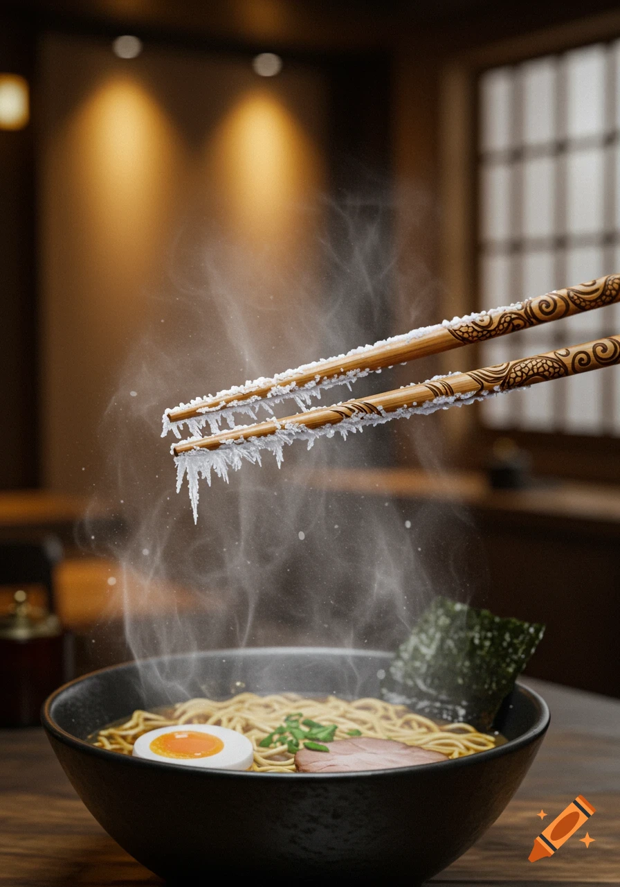 Photorealistic image of steaming ramen in a black bowl, with icy, ornate chopsticks held above it in a warm-lit Japanese setting.