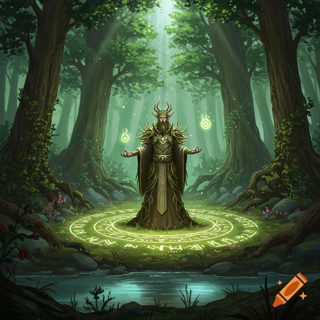 A majestic druid with antlers and beard stands in a mystical forest, surrounded by a glowing runic circle on the grass next to a stream.
