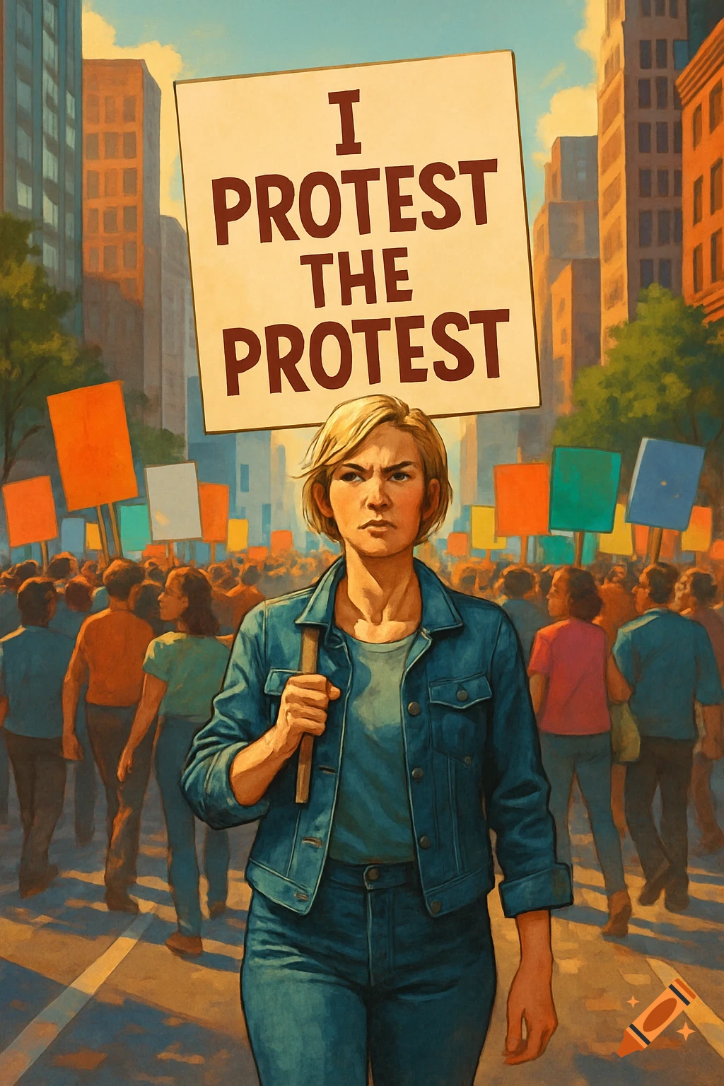 A determined blonde woman holds an 'I protest the protest' sign, leading a stylized crowd of protestors in a city street.