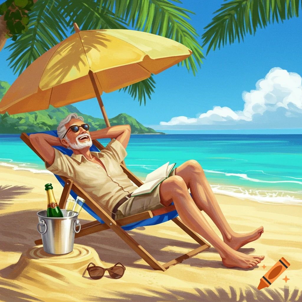 A smiling older man with a beard and sunglasses relaxes in a beach chair under an umbrella, a book on his lap and champagne nearby, on a sunny beach. Illustration style.