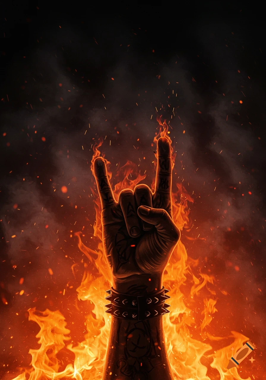 A fiery hand making a rock and roll sign against a dark, smoky background.