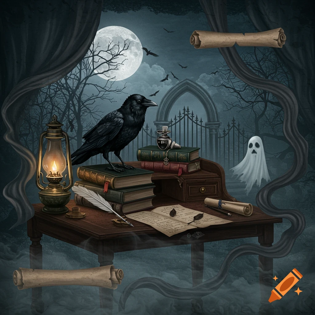 A dark fantasy illustration of a raven on a desk with books and a lantern, in a moonlit graveyard with a ghost and gate.