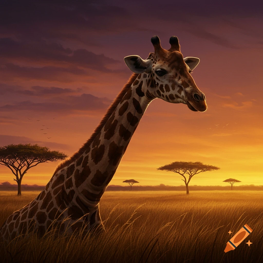 A photorealistic giraffe stands in a golden savanna, silhouetted against a vibrant orange and purple sunset sky with acacia trees.