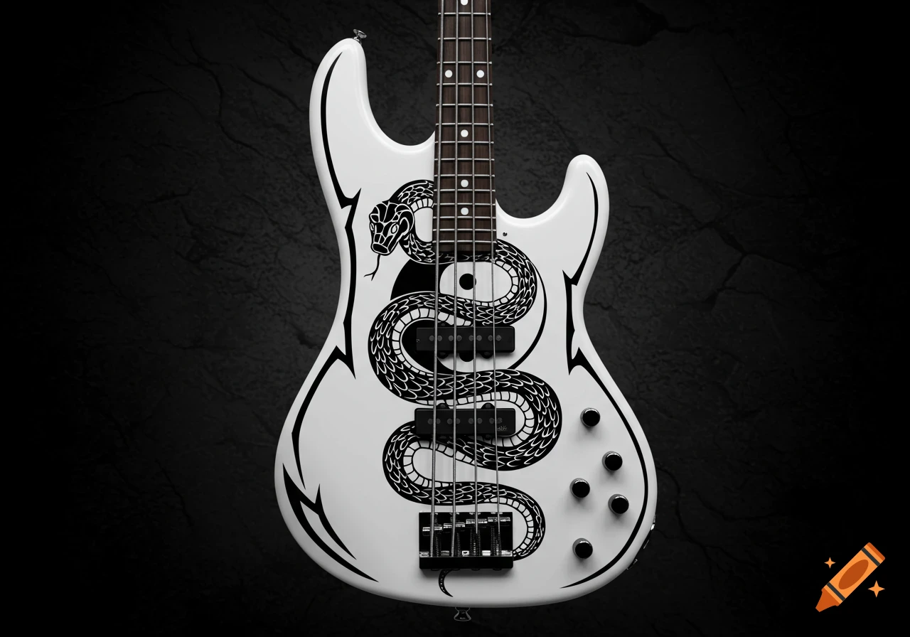 A white bass guitar with a detailed black snake and yin-yang design on its body against a dark textured background.